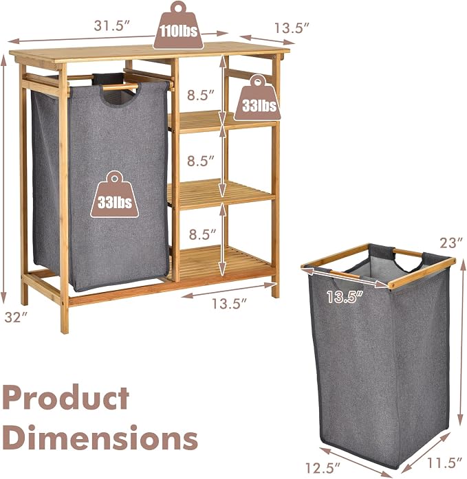 Giantex Bamboo Laundry Hamper Stand, Freestanding Laundry Organizer w/Removable - Image 7