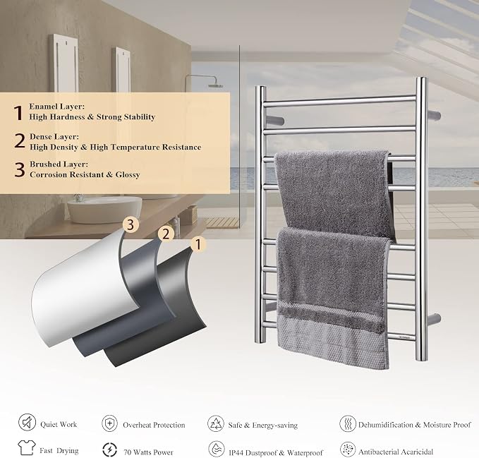 Towel Warmer Polished Chrome for Bathroom Wall Mounted Drying Rack Plug-in - Image 6
