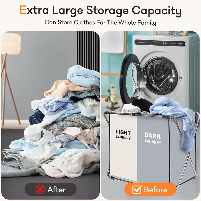 Laundry Cloth Hamper Sorter Basket Bin Foldable 2 Sections - Image 6