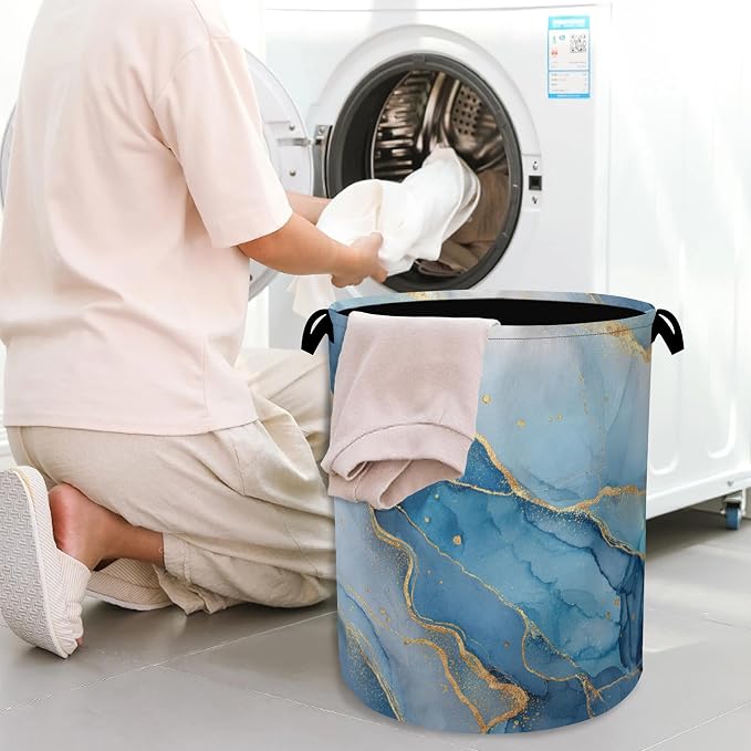 Blue Gold Marble Laundry Basket, Foldable - Image 7