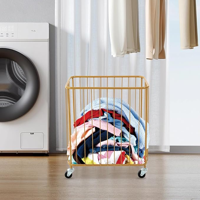 Laundry Basket with Wheels, Metal Railing Storage Cart with Handles, Rolling - Image 3