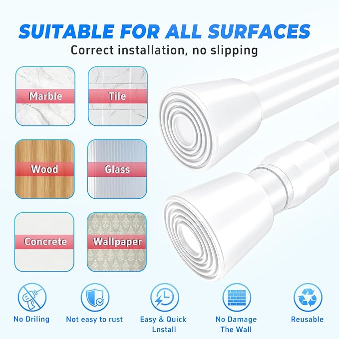2 Pack 53"-98" No Splicing Shower Curtain Tension Rods, Spring Telescopic Rod - Image 4