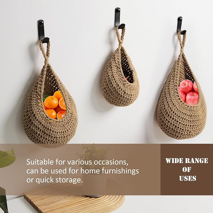 Hanging Fruit Large Basket Set of 3, Boho Wall Hanging Storage Basket - Image 6