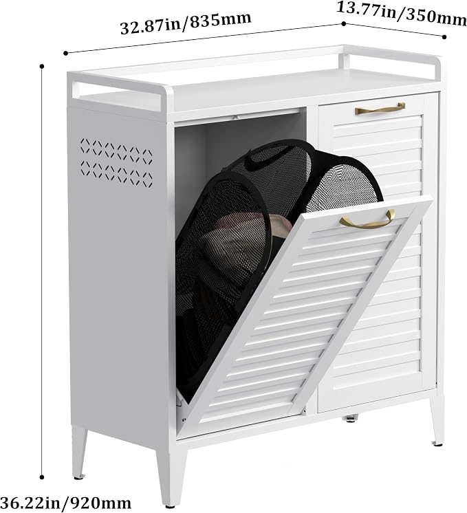 100L Dual Laundry Hamper Cabinet, 2-Section Metal Laundry Sorter - Image 3