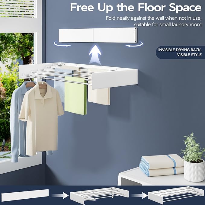 Wall Mounted Foldable Clothes Drying Rack, 32-Inch Wide, 5 Stainless Steel Rods - Image 2
