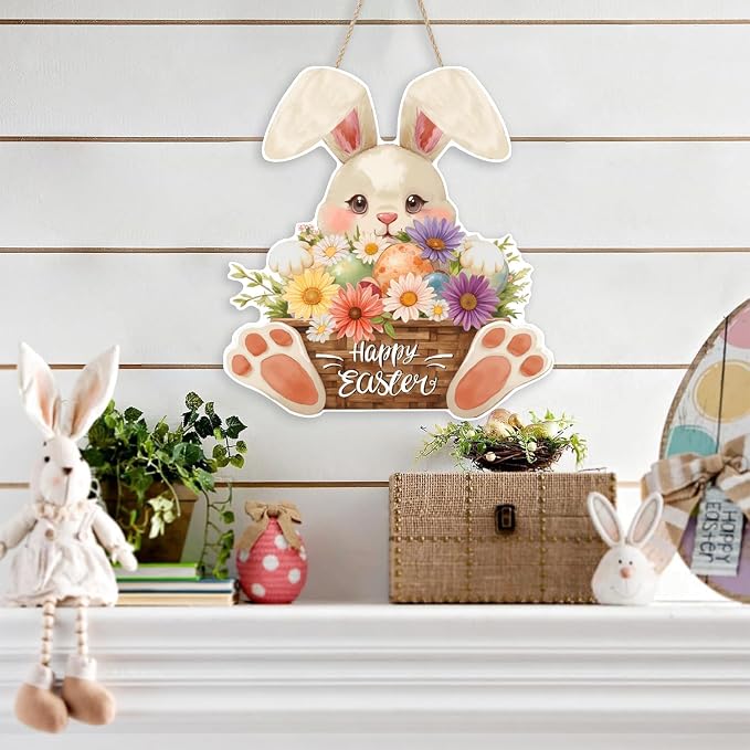 Ausril Easter Wood Sign, Happy Easter Door Decor, Bunny Egg Hanging Wall Sign - Image 2