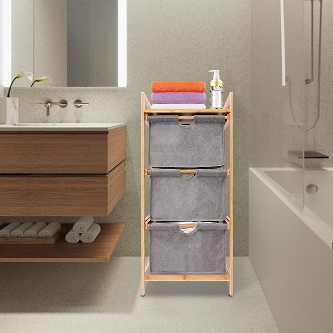 3-Tier Bamboo Hamper w/ 3 Pull Out Drawers, Laundry Room Organization - Image 6
