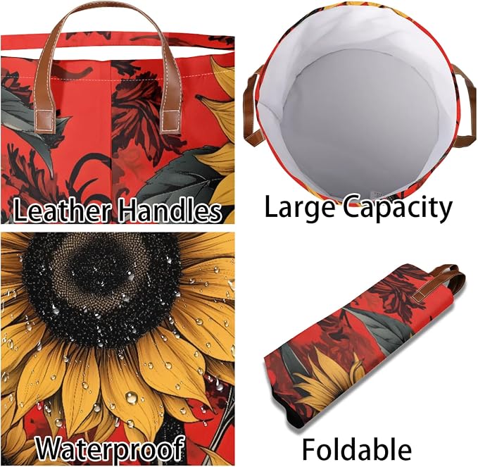 Sunflowers Red Laundry Hamper Waterproof Collapsible Basket - Image 3