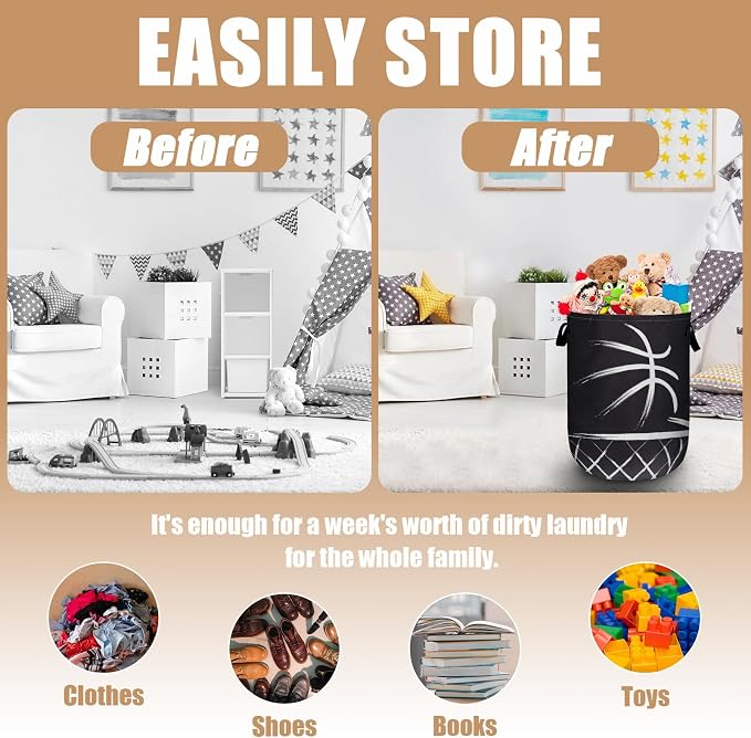 Black Basketball Laundry Basket, Foldable Sport Ball Theme Laundry Hamper Tote - Image 3