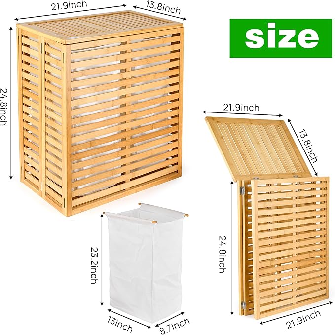 Bamboo Laundry Hamper with Lid and 2-Section Liner Foldable Wicker Laundry - Image 4