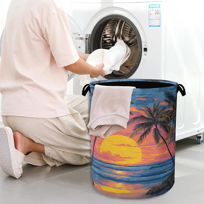 Tropical Palm Tree Laundry Basket, Sunset Beach Oxford Cloth Laundry Hamper - Image 7