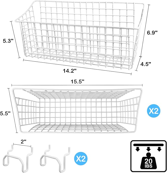 G.CORE 2 Pack Large Pegboard Baskets, Metal Shelves Hooks to 1/8" 1/4" Peg - Image 3
