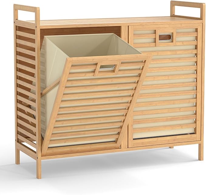 Bamboo Laundry Hamper, 75L Double Tilt-Out Laundry Basket by Unknown