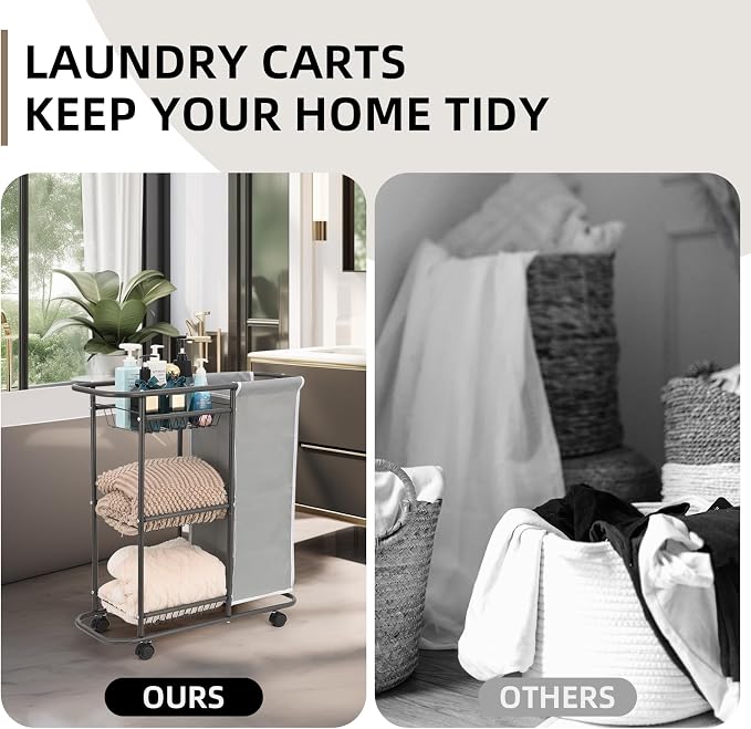 Rolling Laundry Cart with Wheels, 3-Tier Laundry Caddy Between Washer and Dryer - Image 9