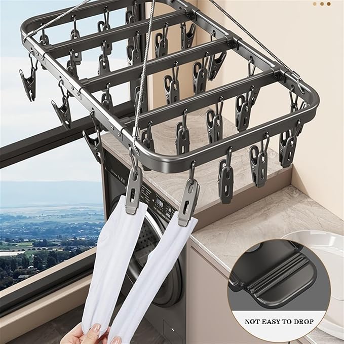 Aluminum Drip Hanger with 26 Clips, Sock Drying Rack, Wind-Proof Hook, - Image 5