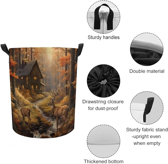 Autumn Forests Deers Round Laundry Bag Collapsible Storage Hamper Basket - Image 4