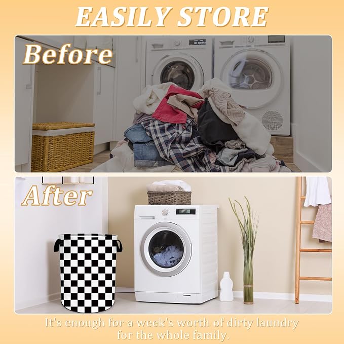 Black and White Checkered Laundry Basket, Checkerboard Laundry Hamper Foldable - Image 3