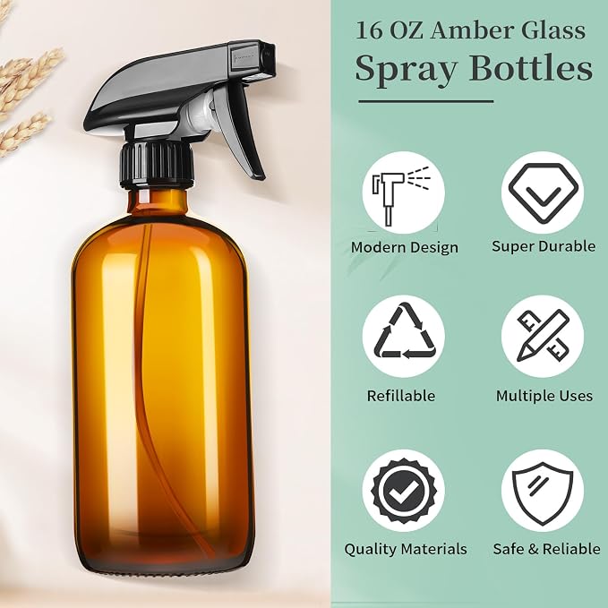 16oz Amber Glass Spray Bottles, 2 Pack Glass Spray Bottles Refillable Empty - Image 7