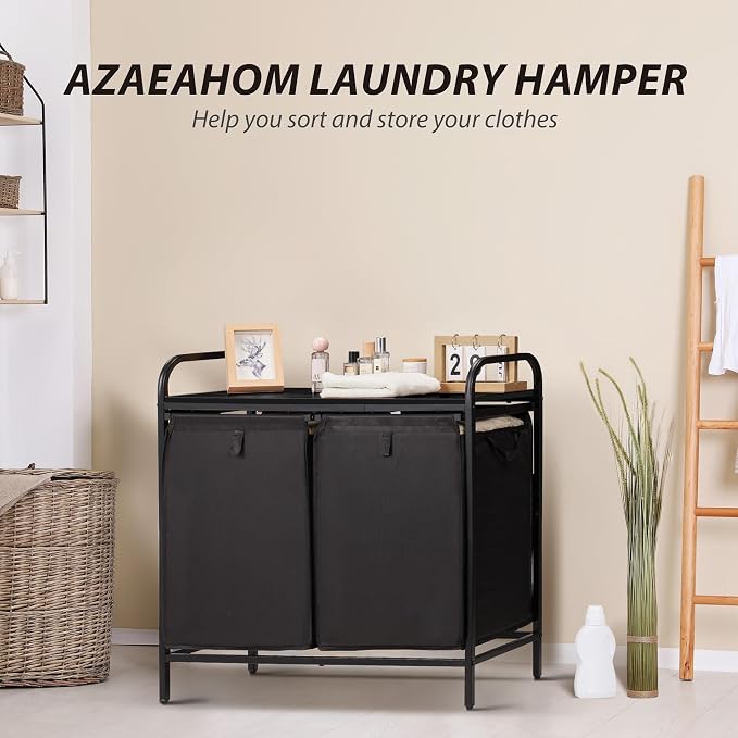 2 Section Laundry Hamper with Shelf, Laundry Basket Organizer with 2 Pull-Out - Image 2