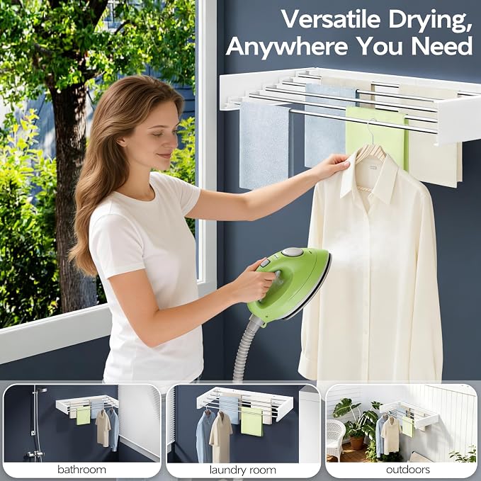 Wall Mounted Foldable Clothes Drying Rack, 31.5-Inch Wide, 5 Stainless Steel - Image 4