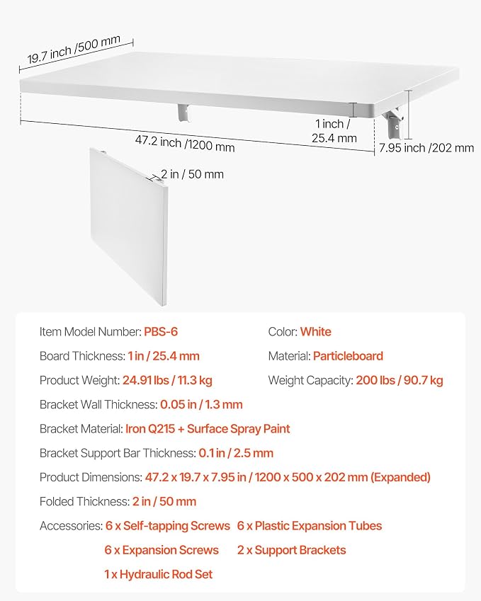 VEVOR Wall Mounted Folding Table, 47.2 x 19.7 inches Wall Mount Table, Floating - Image 2