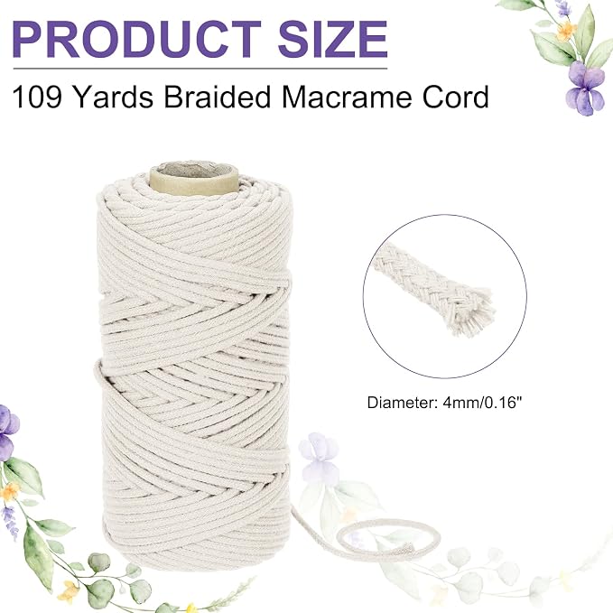 MECCANIXITY Braided Macrame Cord, 4mm x 109 Yards Natural Cotton Rope Macrame - Image 2