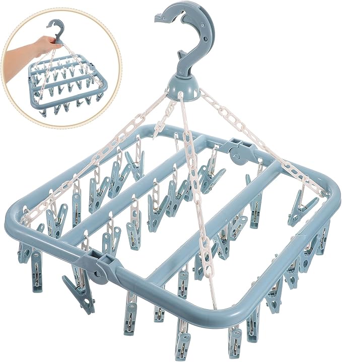 Laundry Drying Rack with 32 Thickened Windproof Clips, Nordic Blue Plastic - Image 9