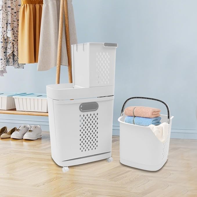 2-Tier Rolling Laundry Basket, Space-Saving Removable Clothes Hamper Organizer - Image 8