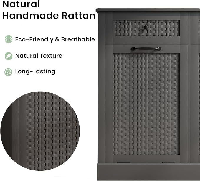 Double Tilt Out Laundry Hamper Cabinet, Rattan-Style Laundry Room Organization - Image 7