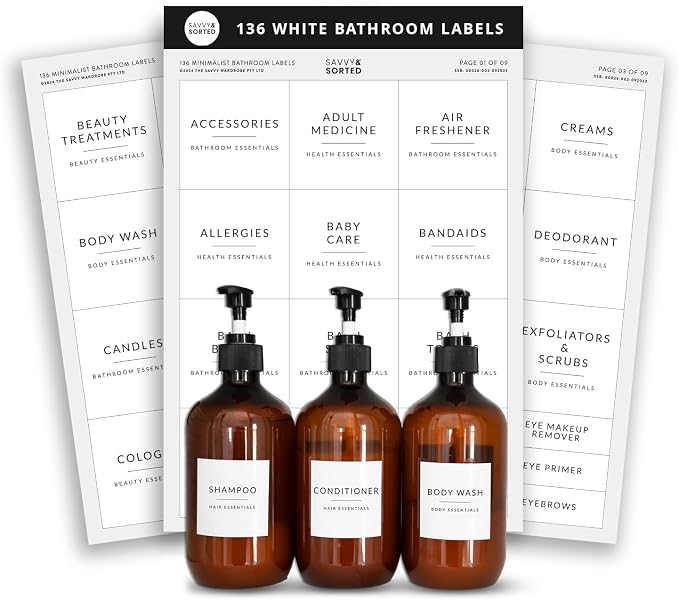 Minimalist Bathroom Labels for Organizing, 136 Preprinted Bath Room and Makeup by SAVVYSORTED%C2%AE