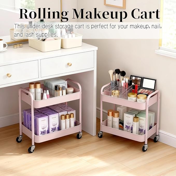 2 Tier Pink Rolling Cart with Wheels - Image 2