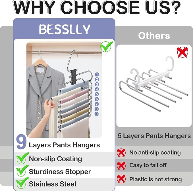 Upgrade 9 Layers Pants Hangers Space Saving, 2 Pack Non Slip Stainless Steel - Image 4