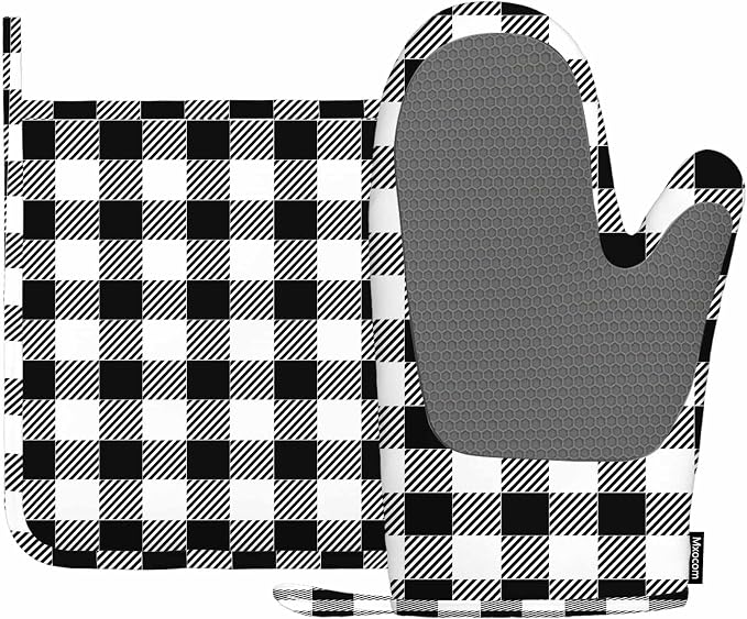 Mxocom Black Checked Pattern Oven Mitts and Pot Holders Sets Gingham Plaid by Mxocom