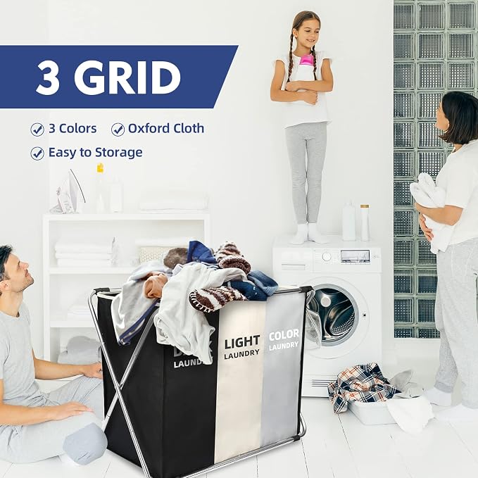 135L Laundry Cloth Hamper Sorter Basket Bin Foldable 3 Sections - Image 5