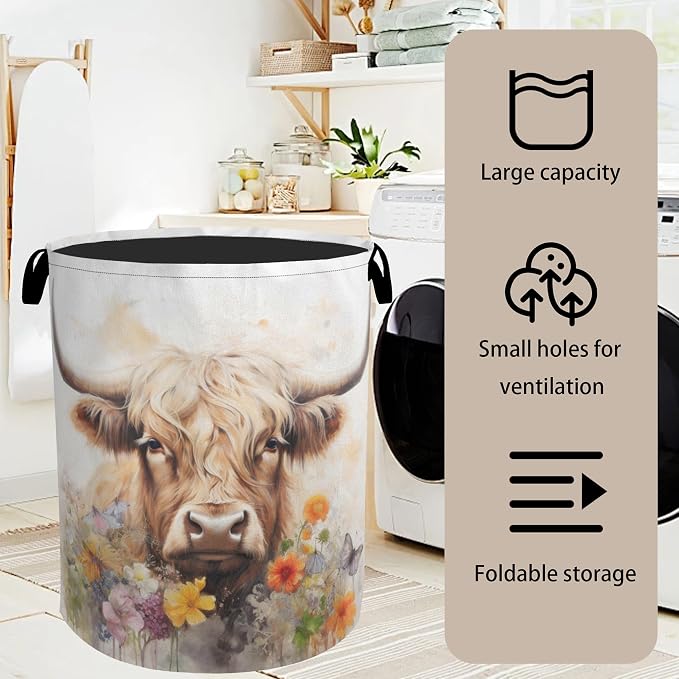 Highland Cow Summer Flowers Large Clothes Hamper Bag - Image 7