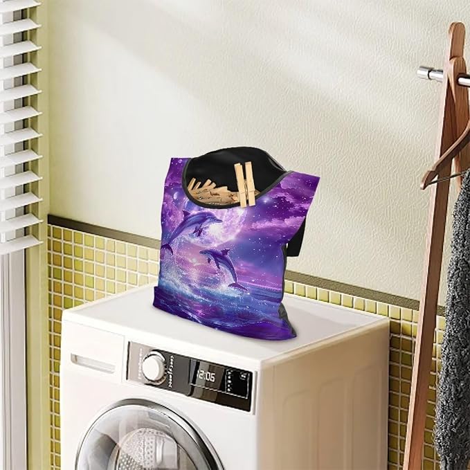 Purple Moonlight Dolphin Print Laundry Clothespin BagHanging Storage Organizer - Image 3