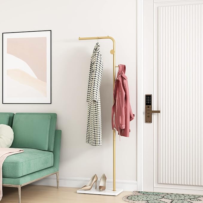 Gold Coat Rack with White Base, Freestanding Entryway Rack with 3 Hooks by DOORXIFO