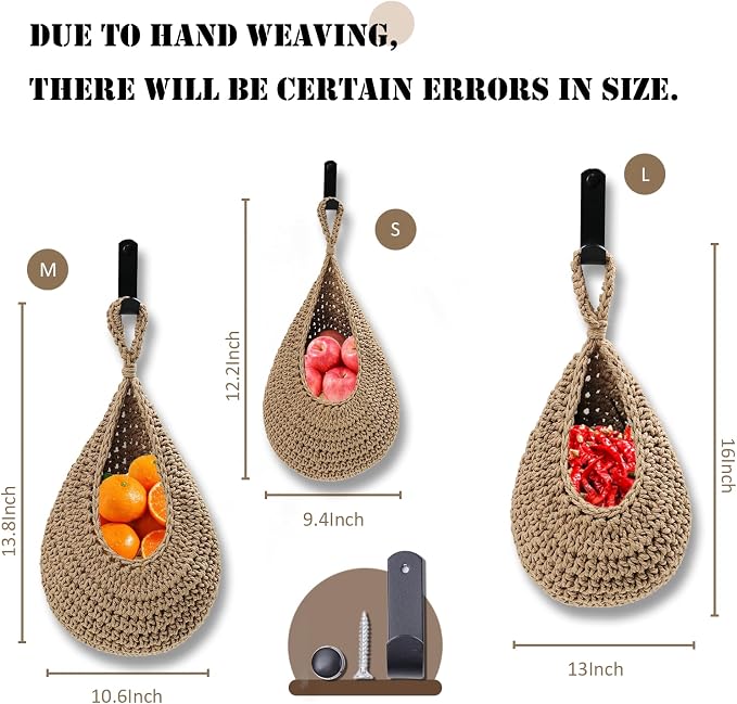 Hanging Fruit Basket Set of 3, Boho Wall Hanging Storage Jute Basket - Image 2