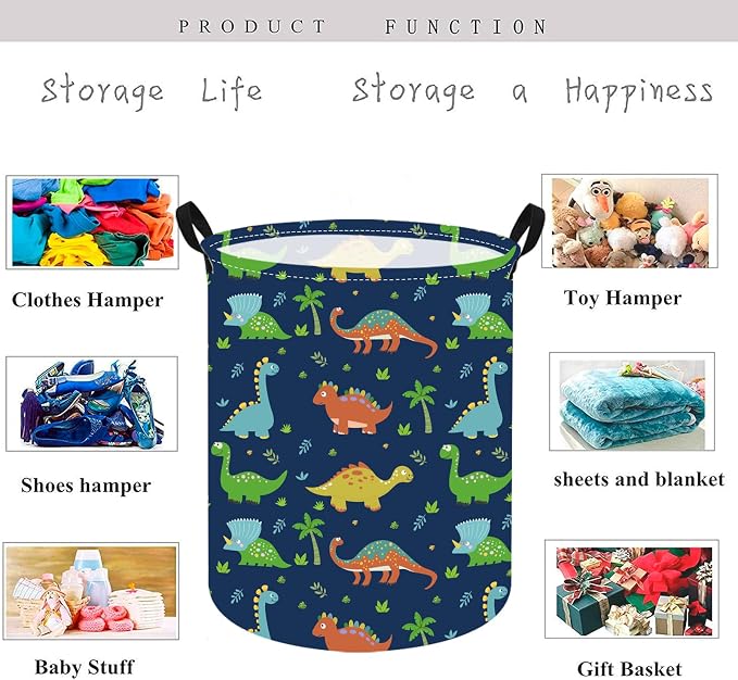 KUNRO Round Dinosaur Laundry Gift Basket Storage Hamper, Clothes Storage - Image 4