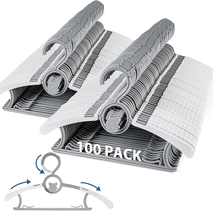100Pack Baby Hangers for Closet Adjustable, 11~14inch Extendable & Stackable by PIGLOG