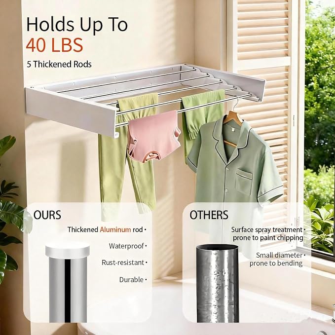 Wall Mounted Drying Rack 31.5'', Foldable Wall Clothes Drying Rack, Space - Image 4