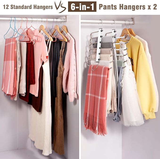 4 Pack 6-Tier Space Saving White Pant Hangers, Lightweight, Stainless Steel - Image 6