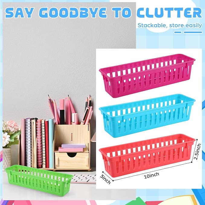 12 Pcs Colorful Slim Plastic Storage Baskets Tray 10 x 3 x 2.5 Inch Compact - Image 2