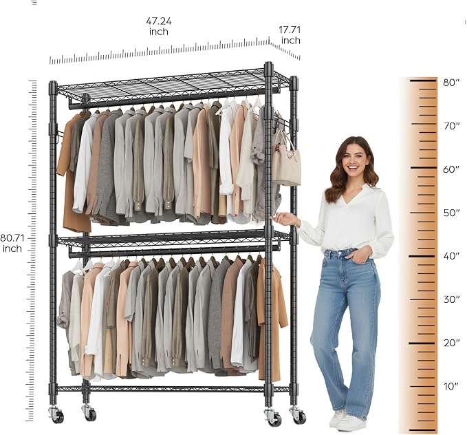 BATHWA Heavy Duty Garment Rack on Wheels, Rolling Clothes Racks - Image 4