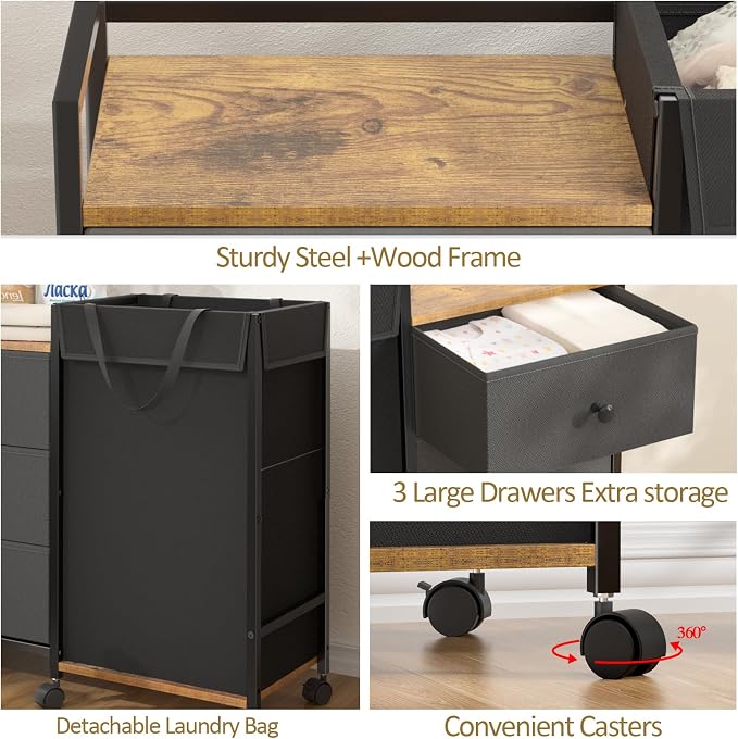 Laundry Hamper with Wheels, Laundry Sorter with Shelf and 3 Drawers, Total - Image 5