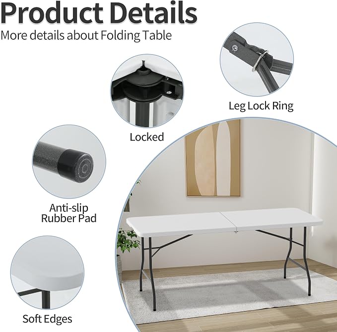HKLGorg 6 Ft Heavy Duty Working Indoor Outdoor Plastic Folding Utility Party - Image 5