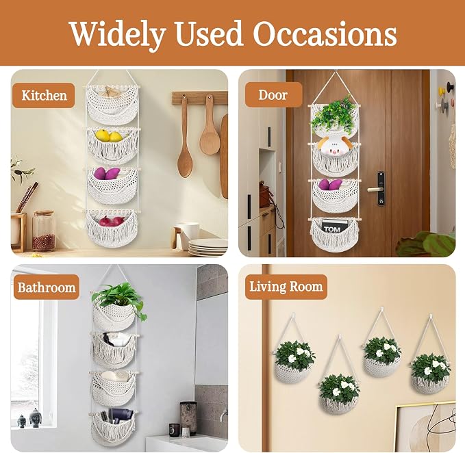 4 Tier Hanging Fruit Basket for Kitchen, 4 Pack Detachable Cotton Crocheted - Image 7