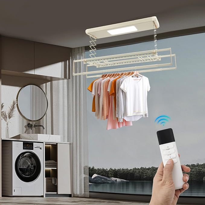 Electric Retractable Airing Rack Off-White Color, Ceiling Clothesline 77lbs Load - Image 5
