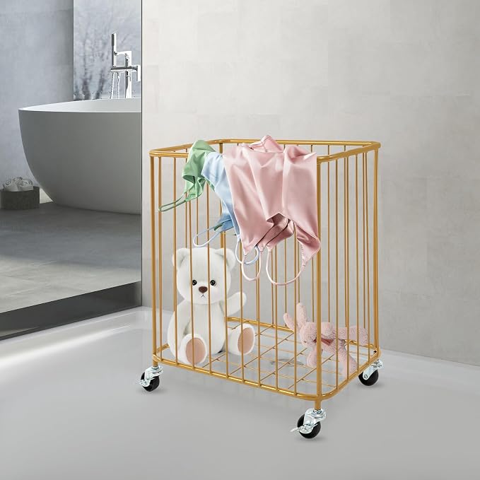 Laundry Basket with Wheels, Metal Railing Storage Cart with Handles, Rolling - Image 4