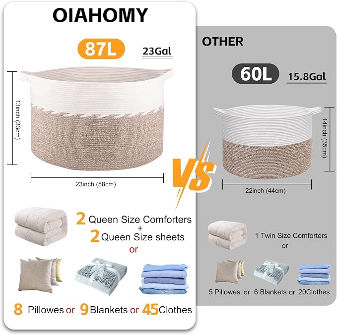 OIAHOMY 87L Extra Large Blanket Basket, Jumbo Laundry Hamper, Cotton Rope Basket - Image 2